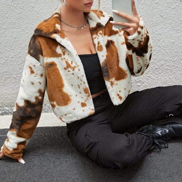 Cow Print Faux fur Coat Jacket Winter fall trendy - Picture 2 of 5